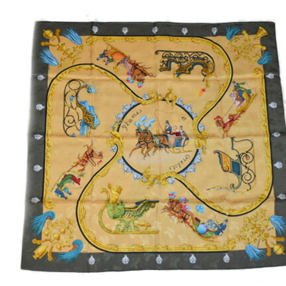 Hermes Scarf Muffler HERMES Carre 90 Silk Twill Carriage Motif Gold/Green - Picture 12 of 12